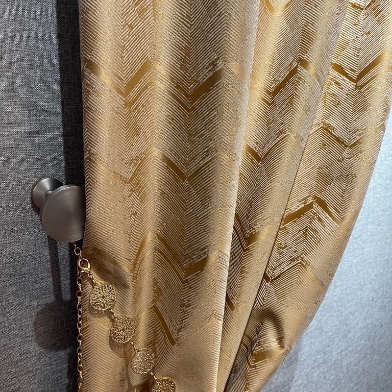 

High Quality Curtain Classical Light Luxury Curtain Champagne Gold Herringbone pattern Jacquard Curtain for Living Room Bedroom