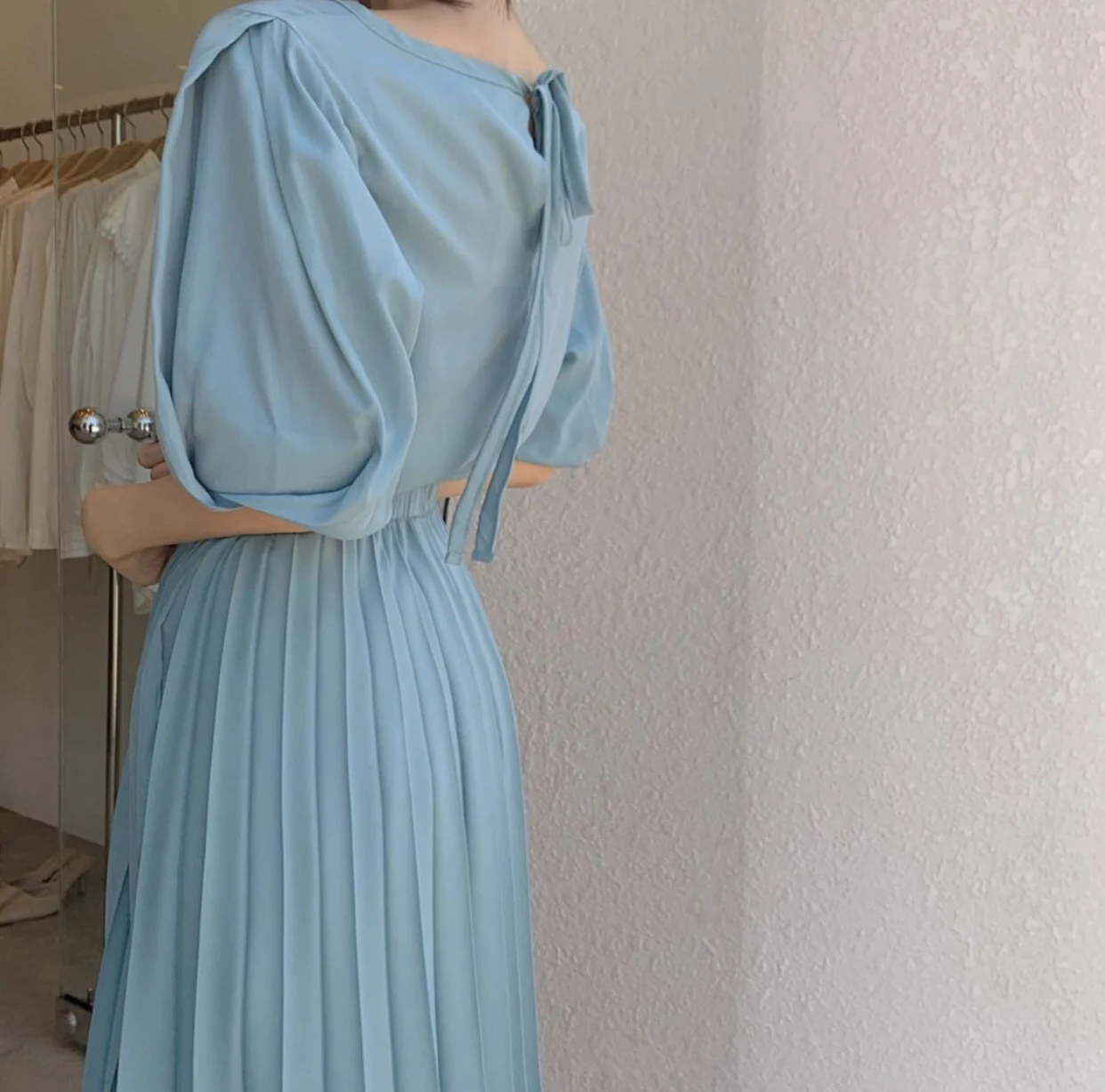 

Korejpaa Women Dress 2021 Summer Korean Chic Ladies Gentle Elegant Round Neck Tie Design Thin High Waist Split Pleated Vestidos