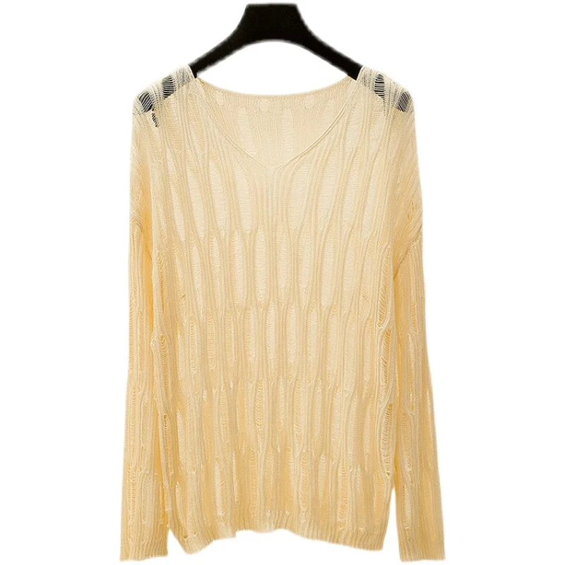 

Spring Summer Loose Thin Women Pullovers Sweater 2021 Lady Deep V Neck Hollow Out Knit Casual Top Retro Jumpers Korean Style