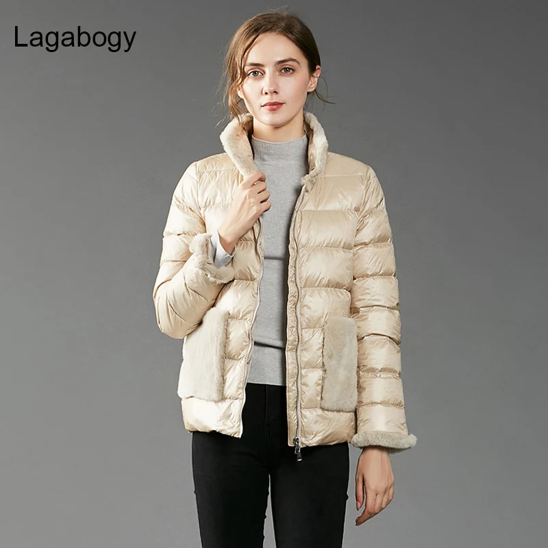 

Lagabogy 2021 New Winter Women's 90% White Duck Down Jacket Female Short Warm Parka Real Natural Rabbit Fur Waterproof Snow Coat