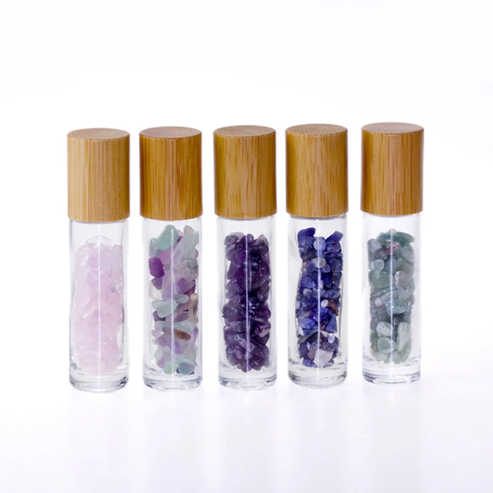

10pcs 10ml Roller Bottles Gemstones Essential Oil Sample Bottles with Bamboo Lids