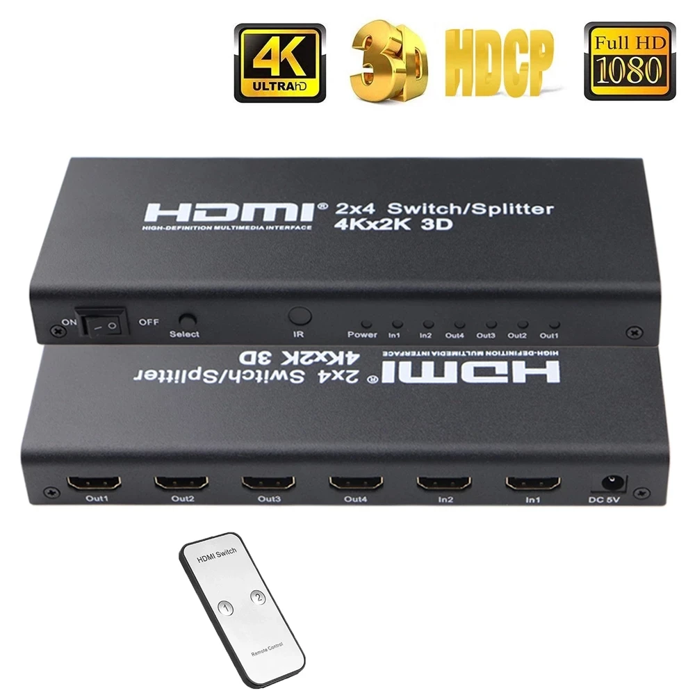 

2X4 HDMI Splitter 2 In 4 Out HDMI Switch with SPDIF Audio 3.5mm Support HD 4K 3D 1080P Includes IR Remote Control Power Adapter