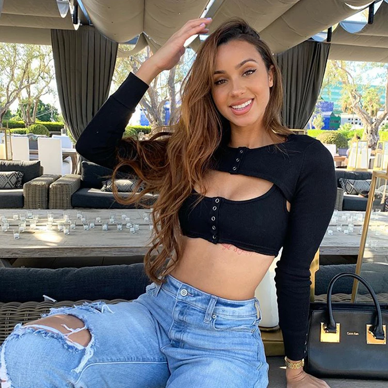 Женский облегающий Топ Goth черный с О-образным вырезом длинным рукавом и кнопками