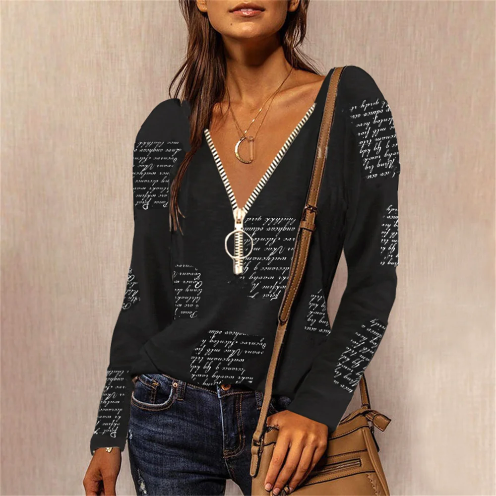 Autumn And Winter New Women's T-Shirt Loose Zipper V-Neck Sexy T-Shirt 2021 Casual Star Print Long-Sleeve Pullover Top
