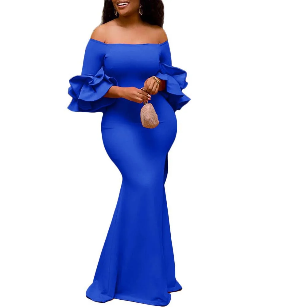 

Fanco 2020 New Slash Neck Solid Color Party Dress Women African Plus Size Reffles High Waist Butterfly Sleeve Female Vestidos