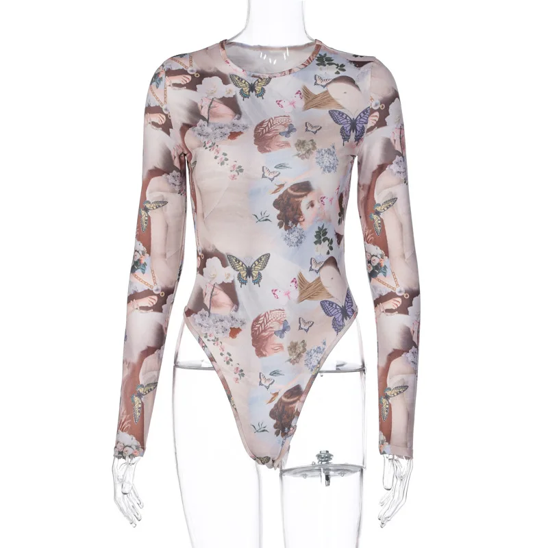 

Fall Long Sleeve Sexy Bodysuits Party Club Tops Female Aesthetic Print High Waist Bodysuit Streetwear