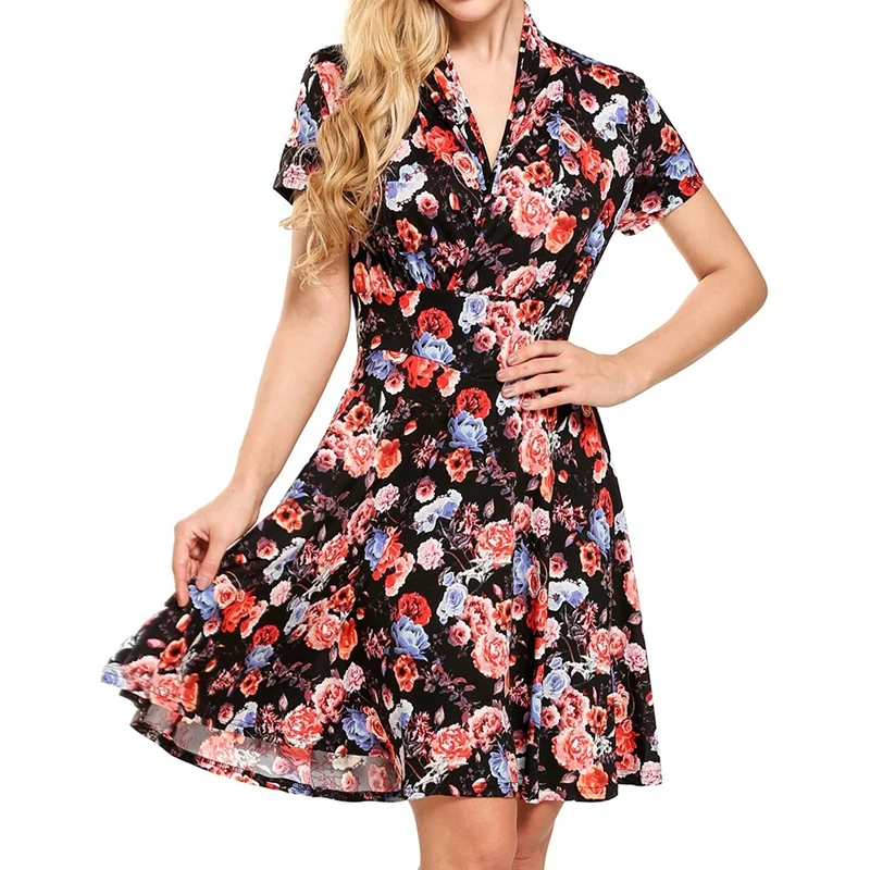 Летняя плиссированная короткая юбка с v-образным вырезом на талии Платье принтом