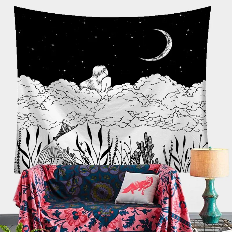 Черно белый гобелен в стиле хиппи простой цвет психоделическая спальня домашний
