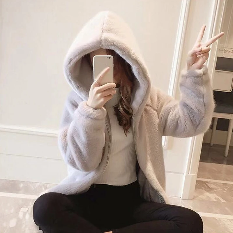 

Rabbit Imitation Fur Winter Grass Mink Faux Fur Coat Ladies Artificial Fur Hooded Soft 2021 Women's Jacket Red