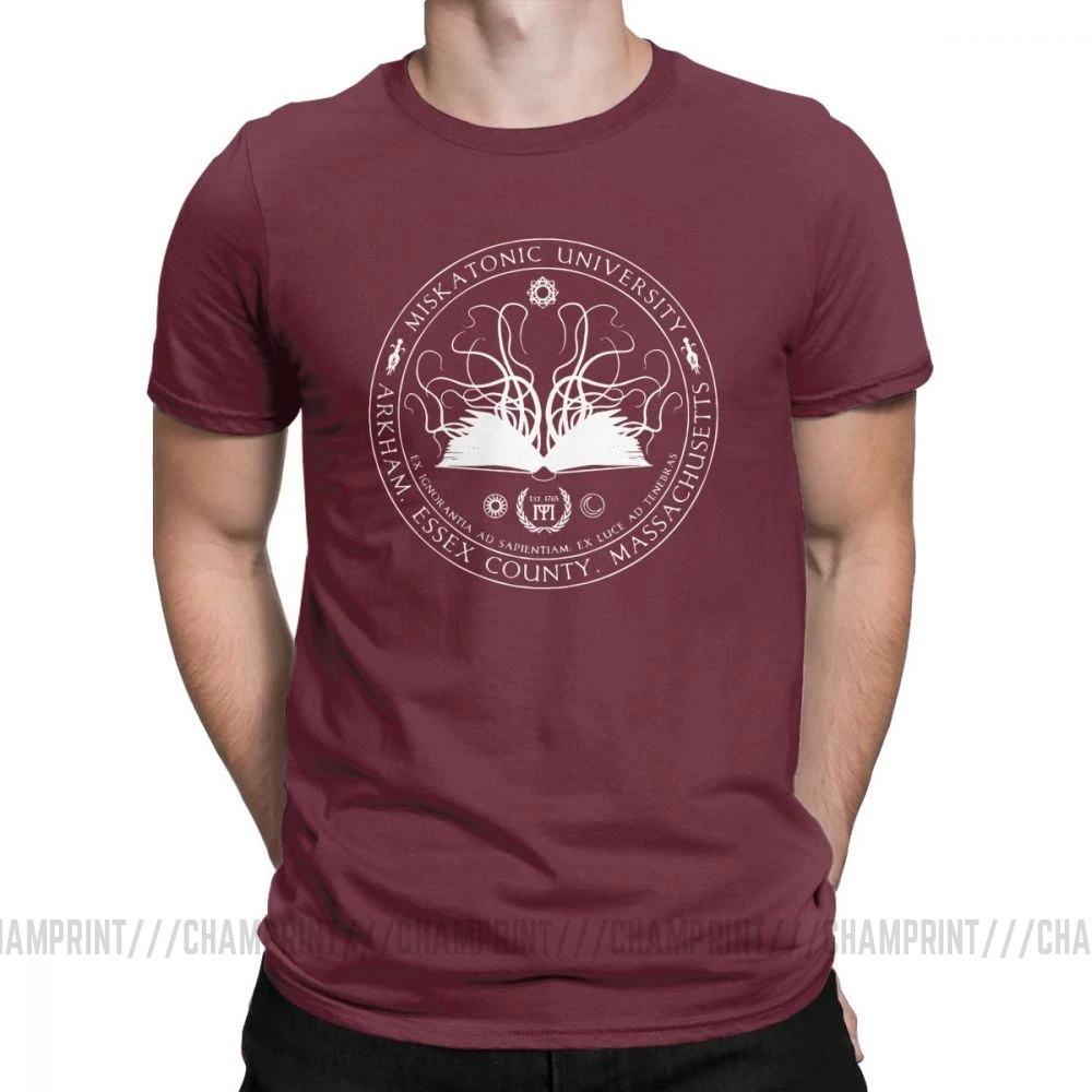 Бургундия Miskatonic Sigil Call Of Cthulhu, мужские футболки, Miskatonic loveccraft Arkham, хлопковые футболки с короткими рукавами, футболка с круглым вырезом, топы - Цвет: Бургундия