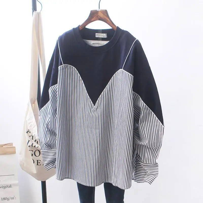 

VANOVICH Oversized Women Sweatshirt 2022 Spring and Autumn New Korean Style O-neck Plaid Patchwork Fashion Fake Two Sweatshirt