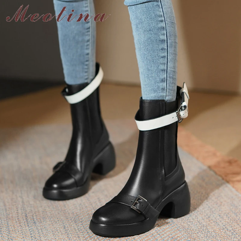 

Женские ботинки челси с круглым носком Meotina, Черные ботильоны из натуральной кожи на толстом высоком каблуке, с пряжкой, Осень-зима