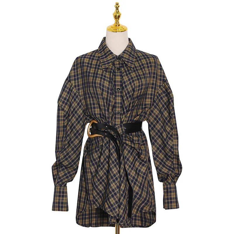 

New fashion temperament contrast waist slim lapel plaid long shirt dress women
