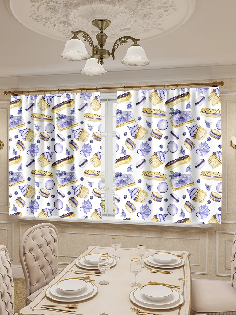 Шторы для кухни LeJoy Home из габардина &quotПирожные и эклеры с голубикой на белом
