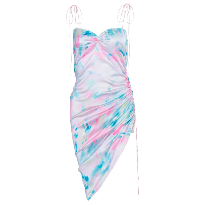

Sexy Tie Dye Strapless Dress Women 2020 Vintage Elegant Colors Summer Spaghetti Strape Draped Dresses Lady Party Backless Dress