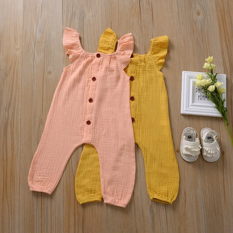 

Summer Girls New Mosquito-Proof Sweat-Absorbent Jumpsuit Baby Cotton Linen Jumpsuit Solid Color Jumpsuit