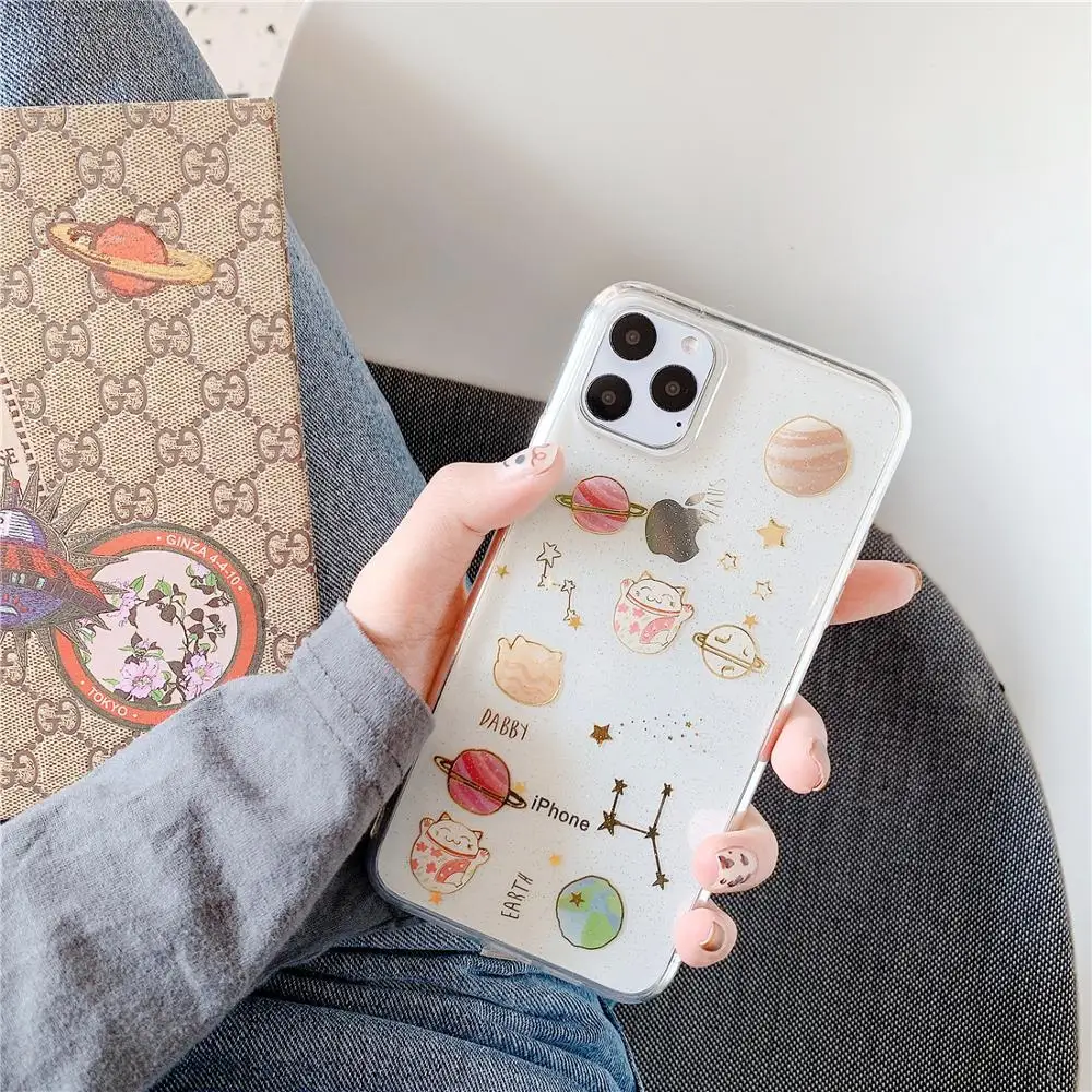 Glitter Galaxy Space Earth Lucky Cat Phone Case for iphone 11 Pro XS MAX XR X 10 7 8 6s 6 Plus Transparent Soft Back Cover Coque | Мобильные