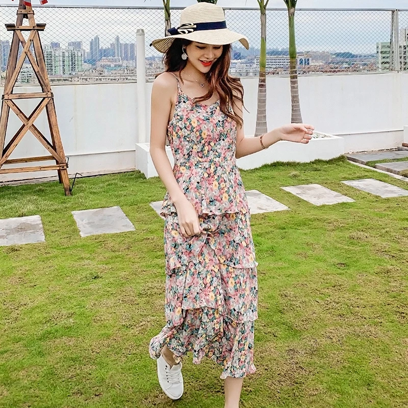 Женское шифоновое платье-комбинация с цветочным принтом длинные летние вечерние