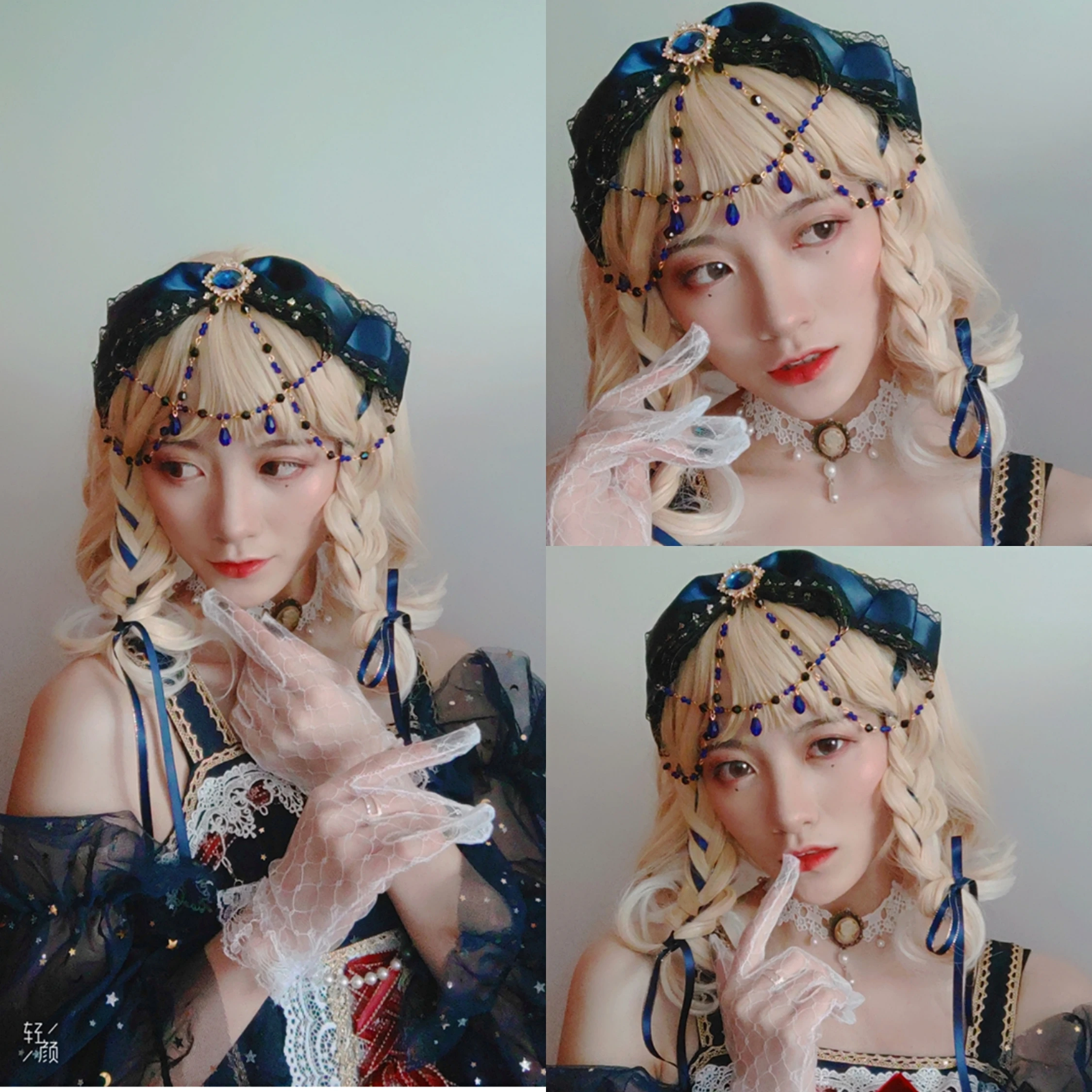 Повязка на голову женская в готическом стиле кружевная лента с жемчужным бантом