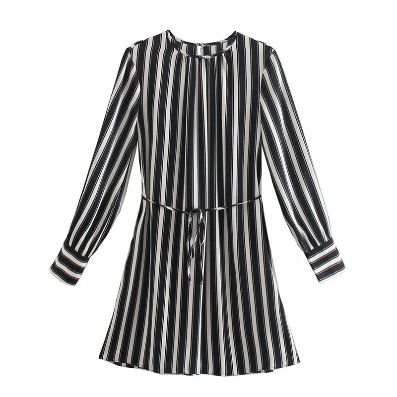 

Women's 2021 New Spring Summer Striped Short Shirt Dress Ladies Elegant Black White Crepe Satin Long Sleeve Chic Dresses Female