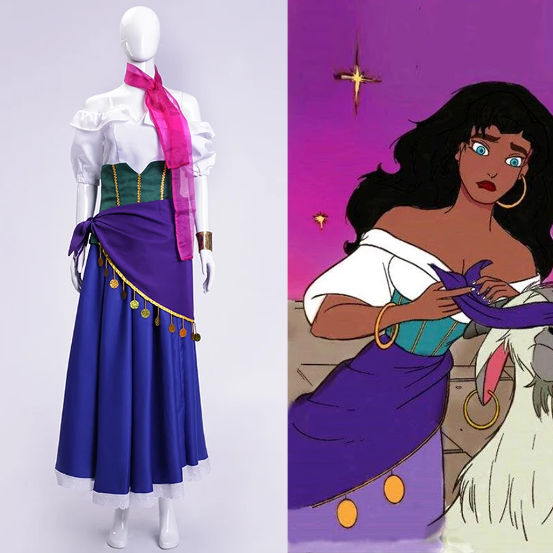 5PCS The Hunchback of Notre Dame Esmeralda Cosplay Costume Purple Blue Partywomen girl Dress Halloween and wig | Тематическая