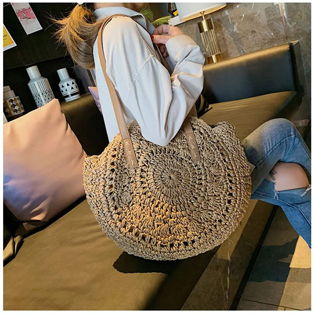 

Handbag for Women Rattan Woven Straw Bag Fashion Shoulder Bag Shopping Tote Bag Gift for Girl friend Large Capacity Lady bag