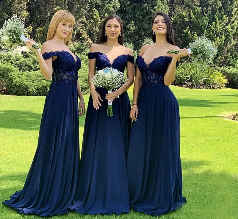 

Navy Blue Bridesmaid Dress For Wedding Illusion Top Off Shoulder Chiffon Applique Sequin V-neck A-line Robe De Soirée De Mariage