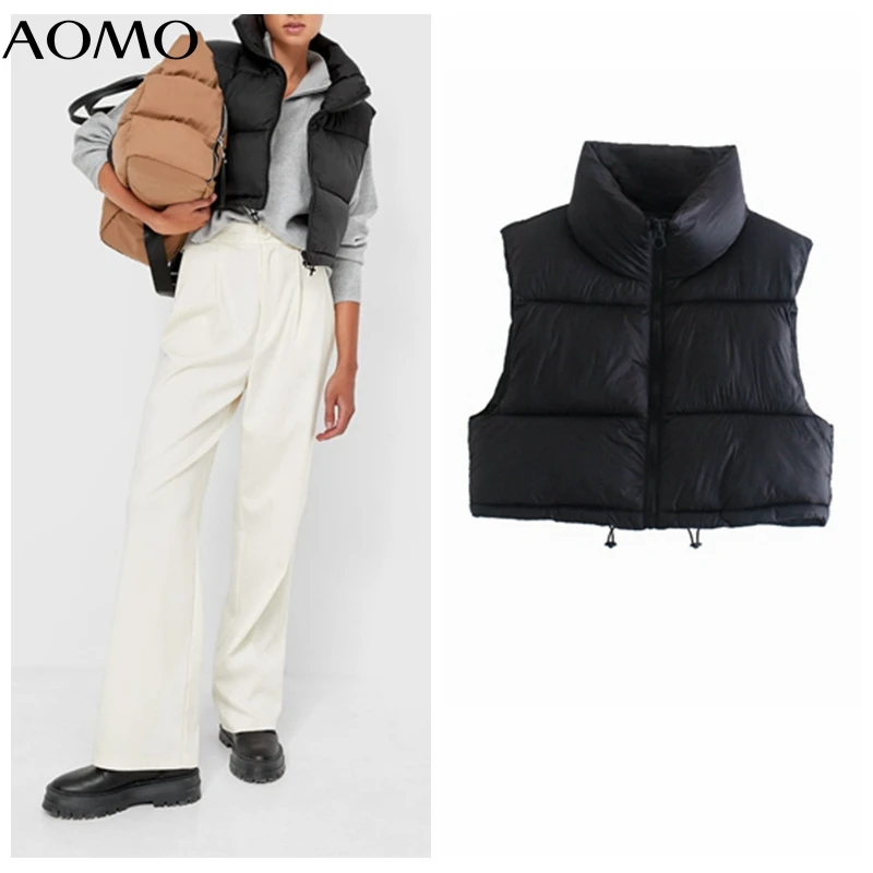 

AOMO 2021 Winter Black Zipper Vest for Women Waistcoat Female Sleeveless Jacket Pocket Vest Cotton Feminino AB28A