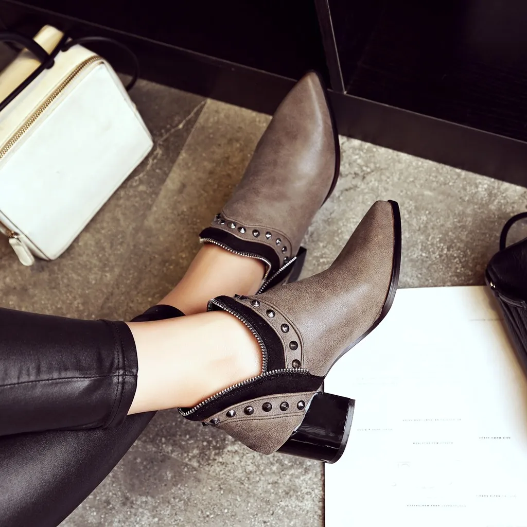 Женские ботильоны на среднем каблуке уличные крутые из толстой кожи # g3|Женские