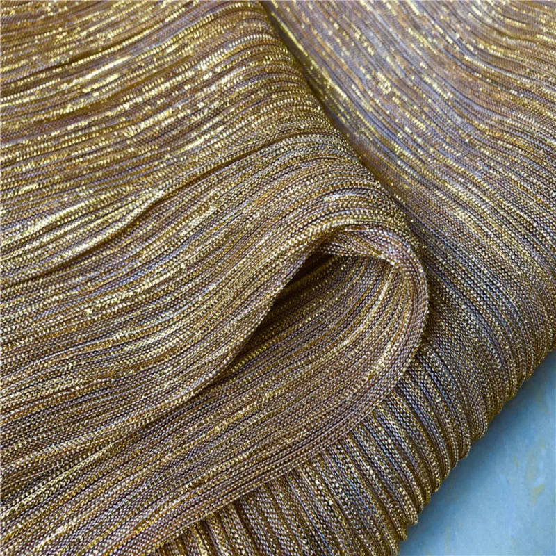 

Shiny Iridescent Crepe Metallic Yarn Lurex Fabric Pleated Mesh Design Fashion Fabric Sewing Dress Gowns Gold Pink Red By Meter
