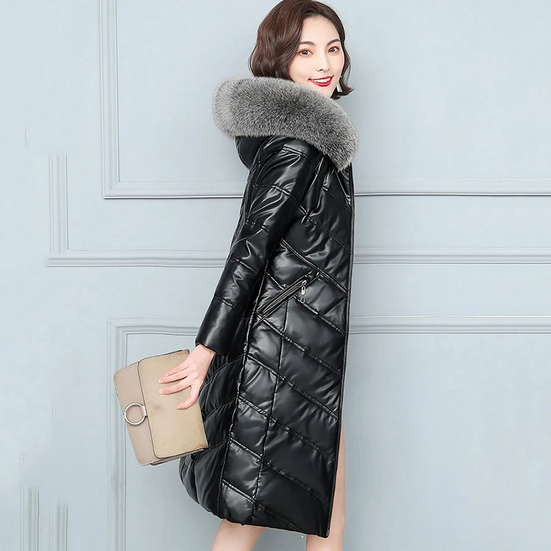 Women Sheep Leather Down Coat Winter Fashion Warm Hooded Real Fox Fur Collar Slim Sheepskin Leather Down Overcoat Female