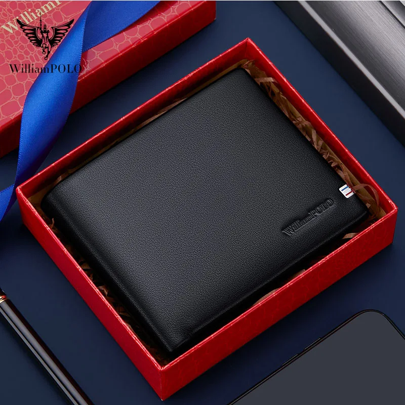 WILLIAMPOLO High-end Brand Ultra-thin Wallet Men's Short Horizontal High Quality 100% Cowhide Wallet Youth Card Bag Black