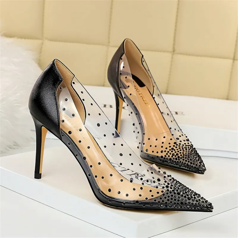 Сандалии женские прозрачные с острым носком высокий каблук шпилька пикантные