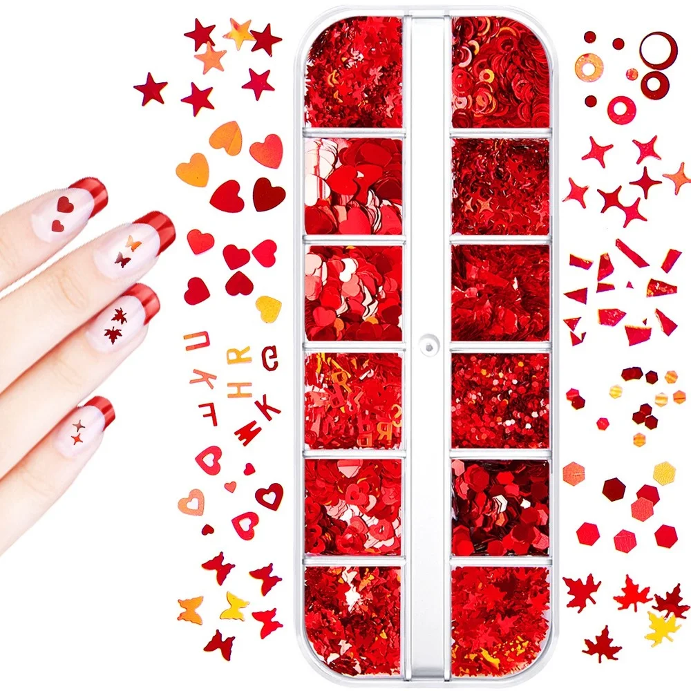 

Valentine's Day 12 Grids/ Box Nails Accessories Glitter Mix Nail Sequins/Soft Pottery Manicure Ornaments Heart/Letter Red Flakes