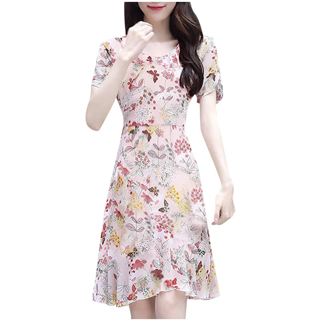 Модное повседневное женское мини-платье с круглым вырезом и коротким рукавом