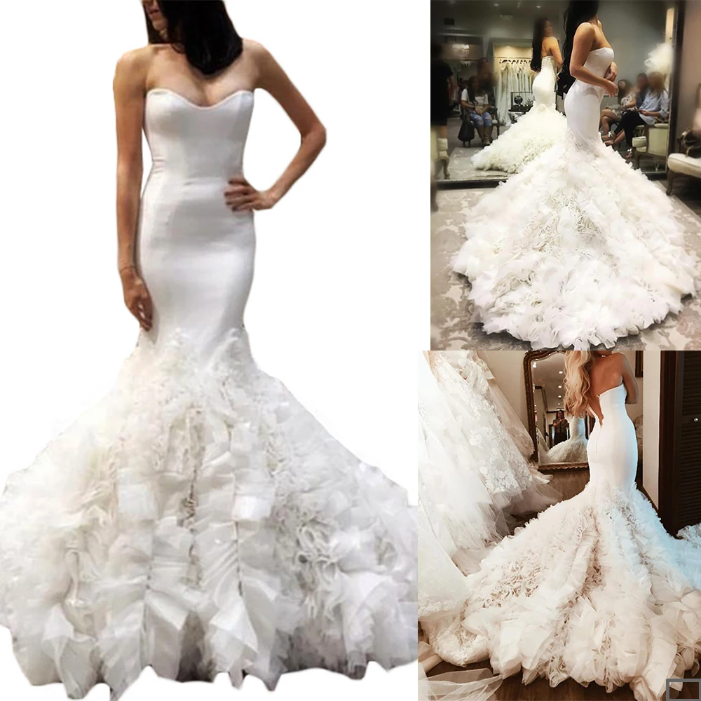 

Luxury Mermaid Wedding Dresses Sweetheart Lace Appliques Bridal Gowns Custom Made Sexy Backless Sweep Train Wedding Dress