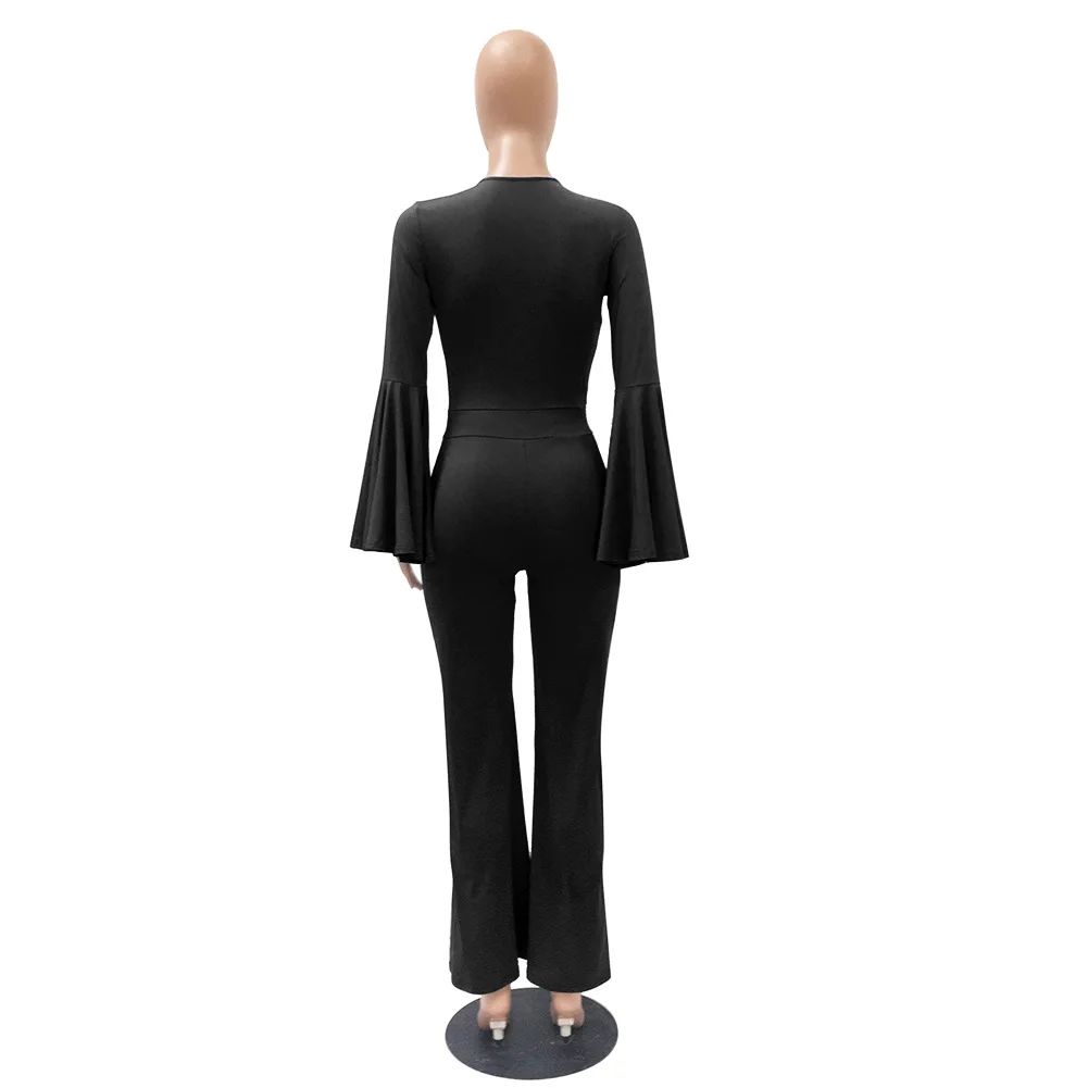 

Women Jumpsuits Deep V Neck Sexy Club Flare Bandage Romper Flare Sleeve Bodycon Plus Size Bodysuit Autumn Empire Solid Ladies