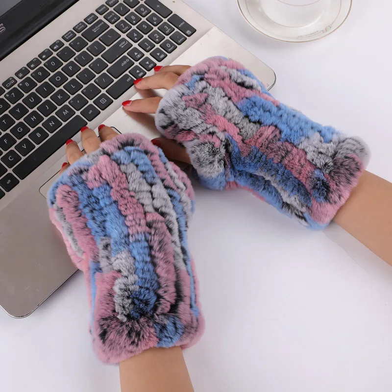 Women's 100% Real Rex Rabbit Fur Knitted Gloves Ladies Winter Warm Fingerless Mittens Fluffy Soft