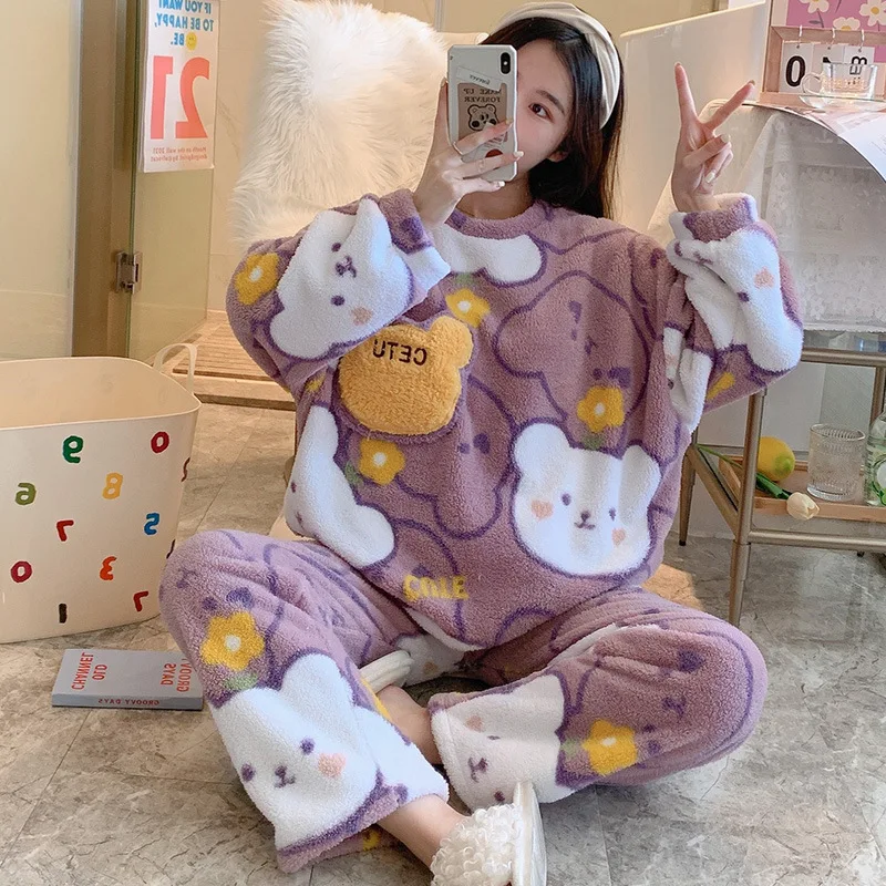 Sweet Pajamas Set Women Pyjama Bear Printed Thicken Warm Korean Home Service Suit Round Neck Women Sleeping Dress Schlafanzug