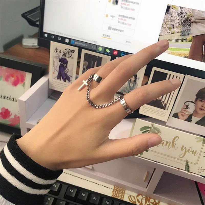 1PCS Titanium Steel Hip Hop Stainless Steel Men Two Piece Ring The Cross Chain Ring