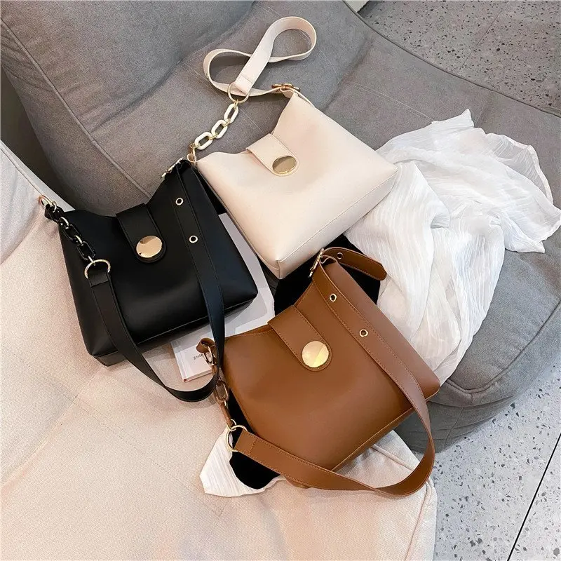 2 Pcs/Set Solid Color Pu Leather Bucket Bags For Women 2020 Fashion Small Chain Crossbody Bag Female Shoulder Bag Handbags Black