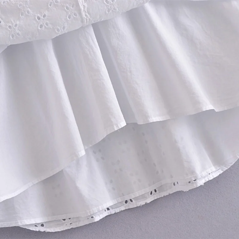 

Summer embroidered hollow out the line dresses short ladies turn-down collar sweets fancy white cotton loose dress