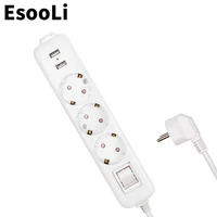 Esooli Power Strip Dual USB Charge Port 3 AC EU Outlet Socket Extension Plug Power Button Surge Protector 2M Pure Copper Wire