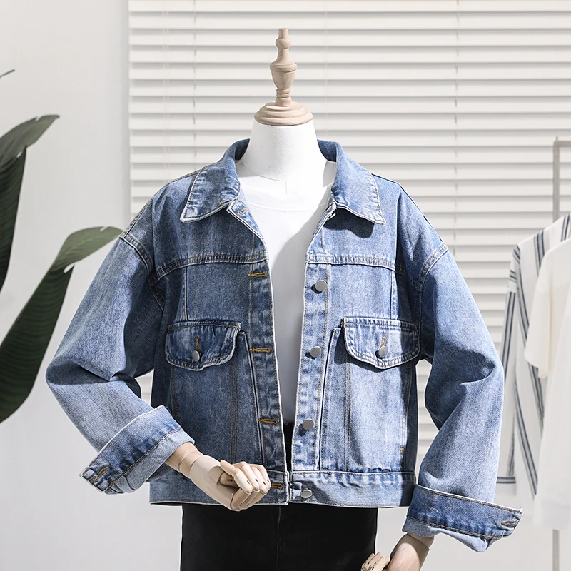 

Spring New Korean Blue Short Denim Jacket Women Vintage Loose Long sleeve Woman Cropped Coat Casual Jean Jacket Jaqueta Feminina
