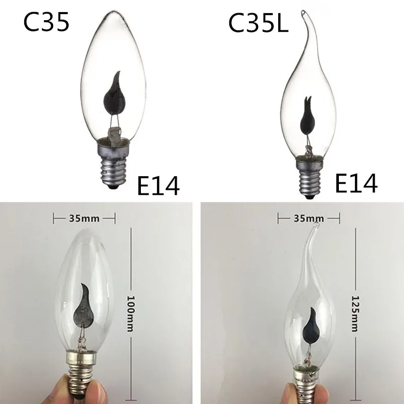 

10PCS Edison Bulb E14 E27 3W C35 C35L Flame Fire Lighting Vintage Flickering Effect Tungsten Novel Candle Tip Lamp Orange Red