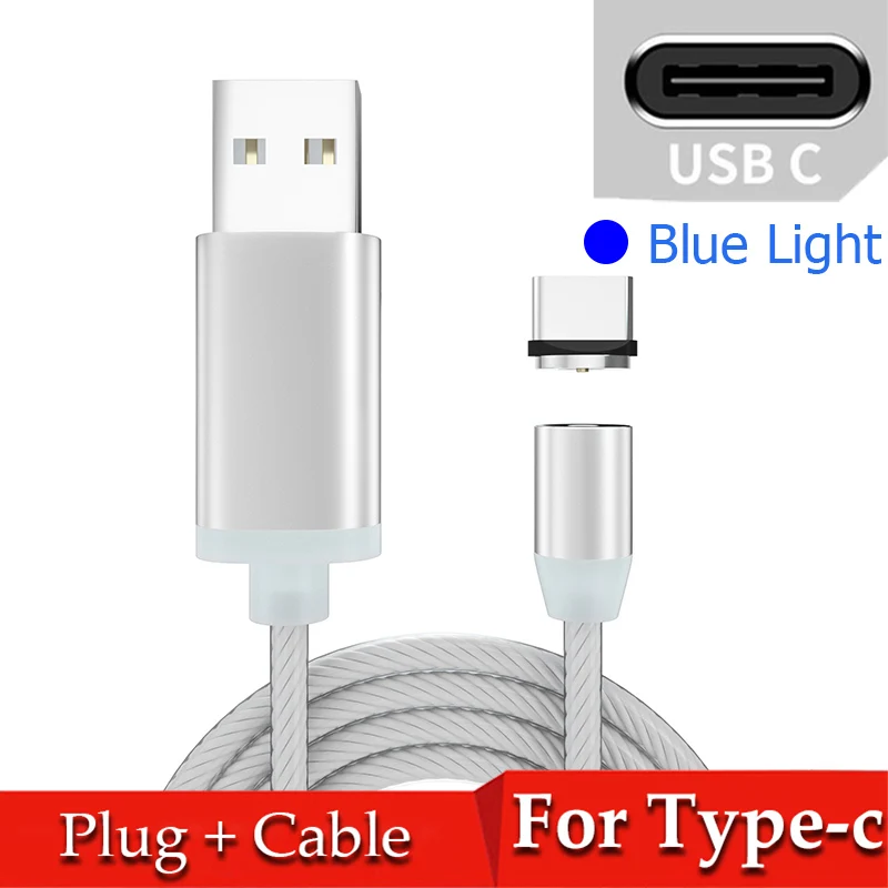 Blue for Type-c Магнитный течёт светодиодный кабель Micro USB для samsung S10 S9 type-c зарядное устройство для huawei магнитное зарядное устройство usb type C кабели - Цвет: Blue for Type-c