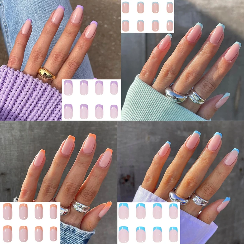 

24Pcs French False Nail Tip Wearable French Line Design Fake Nails with Glue Press On Nails Manicure DIY Nail Art Decoration
