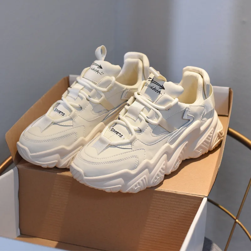 

2021 Chunky Sneakers Women Round Toe Leisure Outwear Blue Black Casual Shoes Platform Lace-Up Trainers Handmade Sapatos Feminina