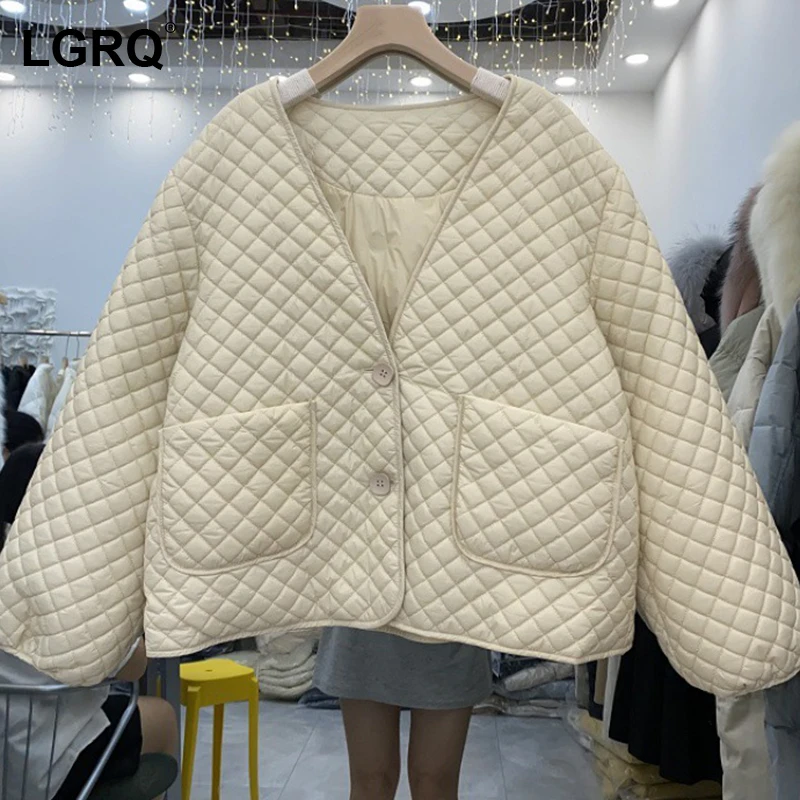 

[LGRQ] White Duck Down Warm Cotton-padded Coat Lantern Sleeve Lingge Women's Parkas Fashion Tide New Autumn Winter 2021 19D4692