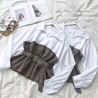 shirt2018 autumn new korean fashion lapel plaid stitching fake two waist belt lace long sleeved shirt shirt women